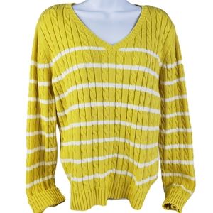 Lauren Ralph Lauren V Neck Cable Sweater size  L Ribbed Flattering Yellow White